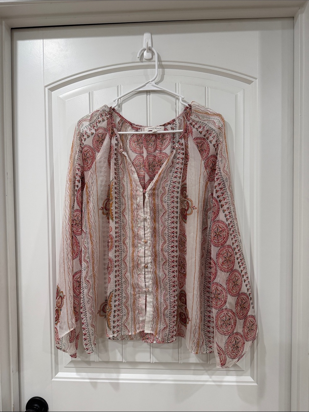 Honey Punch Red & Cream Boho Sheer Button-Up Blouse